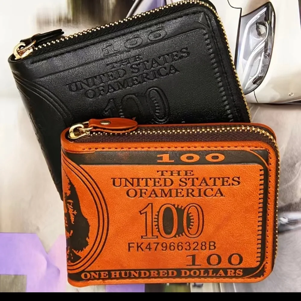Vintage Leather Men's Wallet with Dollar Bill Design - Credit Card and…